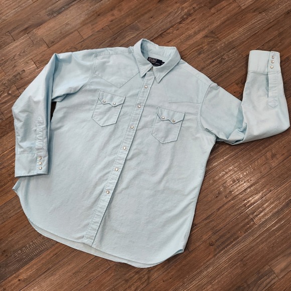 Polo Ralph Lauren Men XL Long Sleeve Pearl Snap Western Cowboy Blue Denim Shirt - Picture 12 of 12